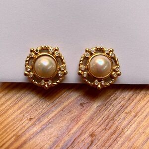 Vintage Christian Dior Faux Pearl and Rhinestone Clip On Earrings